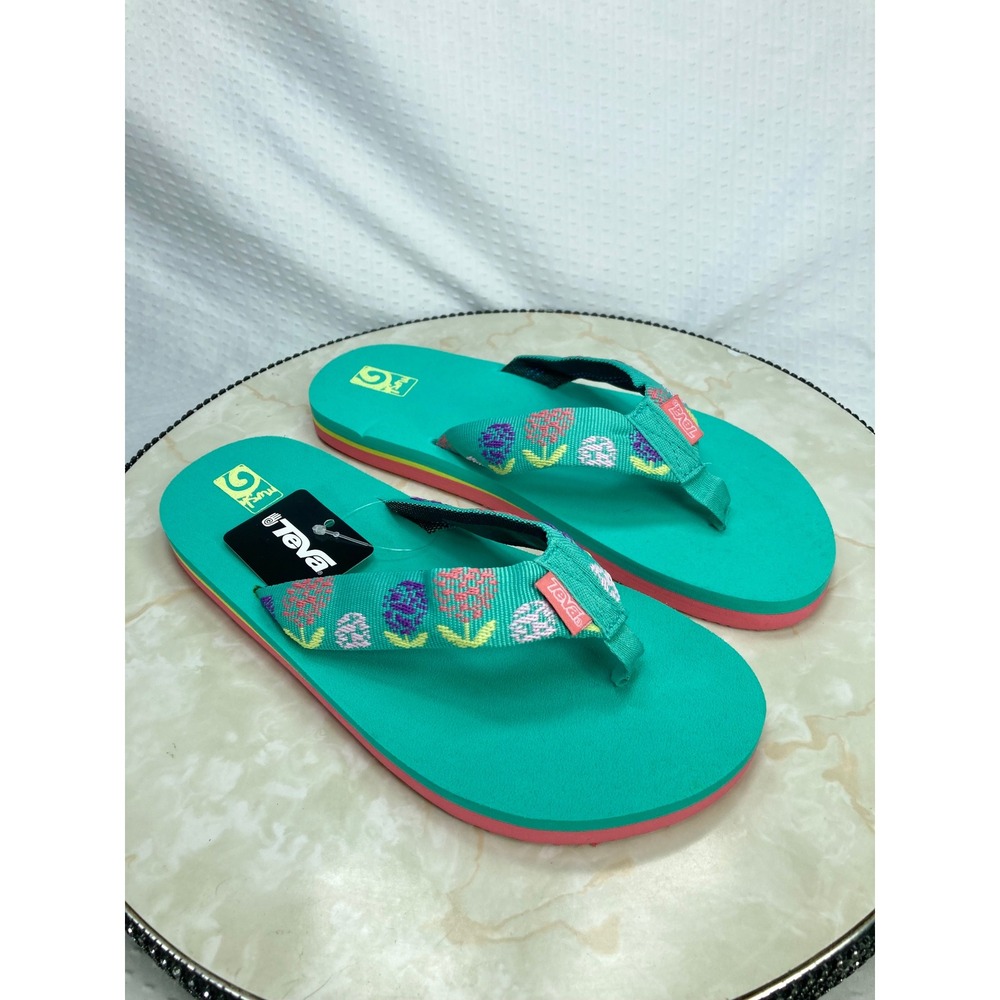 Teva Mush II Floral Embroidered Flip Flop Sandals Kids 6 Teal Green Summer Chic